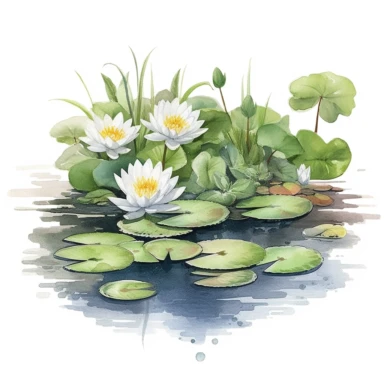 Watercolor Lily Pond Clipart - springtime cute lily pad and frog pond, clipart, white background