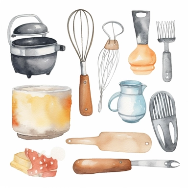 basic watercolor baking tools in minimal hand drawn style, Etsy, textured, clipart, white background