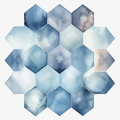 watercolor style, hexagon hive grid, semi-transparent splash in very faded dusty blue hues, etheral, very light, barely visible colors, almost transparent, clipart isolated on white background, 4K
