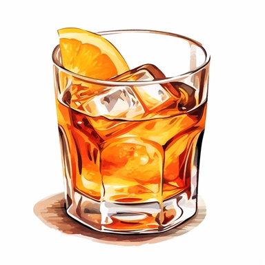 In this elegant Old Fashioned clipart illustration set against a pristine white background, the essence of sophistication is captured in every detail. A timeless lowball glass takes center stage, brimming with a rich amber-colored elixir. The drink is expertly garnished with a perfectly twisted orange peel, adding a vibrant touch of citrus aroma. The glass is gently adorned with a single large ice cube, embodying the spirit of refined indulgence. The intricate lines and shadows of the clipart sh