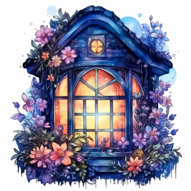Watercolor Night Windows Clipart, floral fantasy cottage window, 8k, high resolution