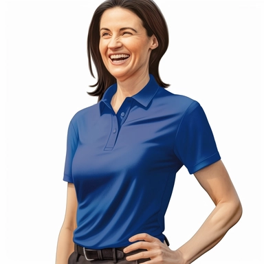 photo-realistic physically fit woman, age 25, wearing a royal blue polo shirt, laughing at a very funny joke, on white background for vector clipart
