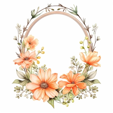 watercolor clipart of a empty suttle dainty floral oval frame surrounded by peach color flowers and cream color flowers. Capture the essence of blooming beauty and intricate details in your artwork, white background