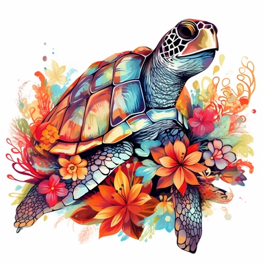 Vector Graphics turtle clipart Example: Midjourney image of a vector graphics turtle and flowers clipart with a white background