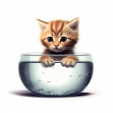 Visualize a curious clipart kitten with wide eyes and a raised paw, peering over the edge of a fishbowl, filled with anticipation and wonder against a white background.