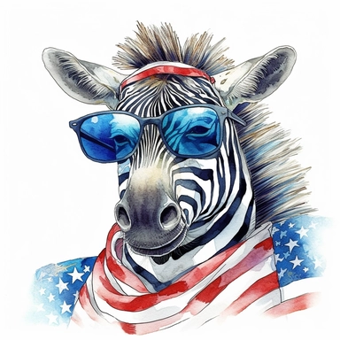 Zebra standing in jungle, wears American flag scarf and sunglasses, closeups shot, low angle, watercolor style, hyper-realistic animal illustrations, 2d game art, quadratura, clipart, on white background,
