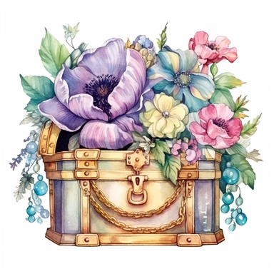 clipart, isolated on white background, Watercolor spring ornated treasure chest with jewelry and cancer, detailed, flowers and plants, ornated, pastel colors