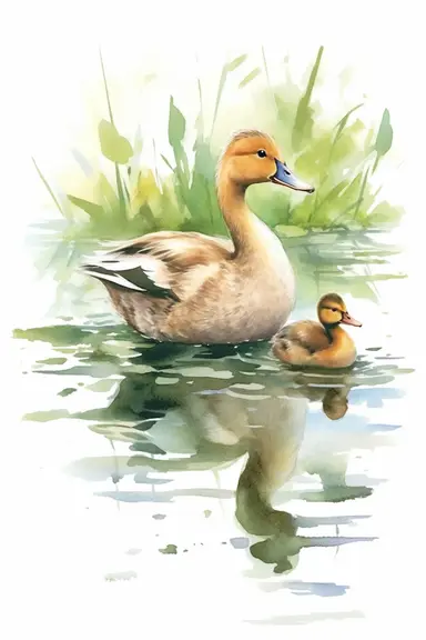 Adorable mother and baby duck, lake, countryside, pastel colours, ornamental watercolor clipart, white background, I can’t believe how beautiful this is
