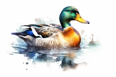 realistic watercolor mallard duck in water clipart,hd,isolated on white background, spaced out