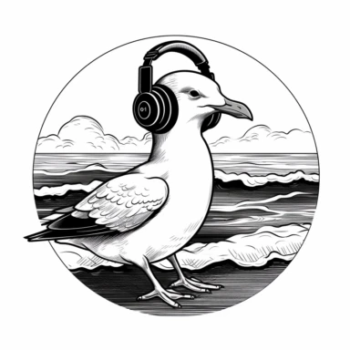 whimsical clipart seagull on the beach wearing headphones listening to music, eyes closed, isolated white background, contour, minimalist