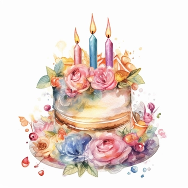 complex watercolor illustration of cute vintage floral pastel birthday cake with candles covered with pastel roses, isolated ,disney style,concept,art,8k,hd,watercolor,detailed,white backround,clipart
