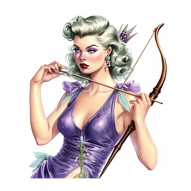 Hand drawn 1950’s pin up woman, dressed like Sagittarius the Archer, very glamorous with jewelry, shades of purple blue and green, half body, very detailed and realistic, watercolor, white background with margins, clipart style