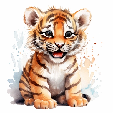 clipart full body friendly watercolour cute little baby tiger smiling, realistic, detailed, white background, contour