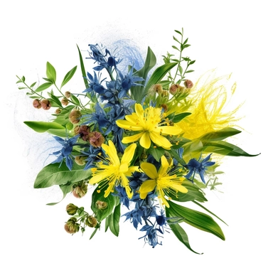 St. John's Day bouquets of herbs, herbs with healing powers, or even individual types of herbs, St. John's wort, blue or yellow flowering herbs, clipart, white background, negative space