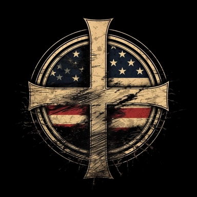 the cross is inside the america flag, ,Clip Art, Vintage style, T-shirt Design, Black Background