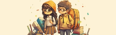 school clip art of two children with backpack standing alone with school things on top, books, letter Y, letter I, in the style of cartoon, bengal school of art, studyblr