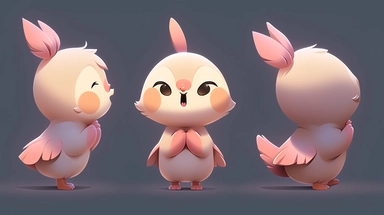 Cartoon clip art style, bird, the first one is the front view, the second one is the left view, and the third one is the rear view, with a flat texture cartoon style and ultra-high quality