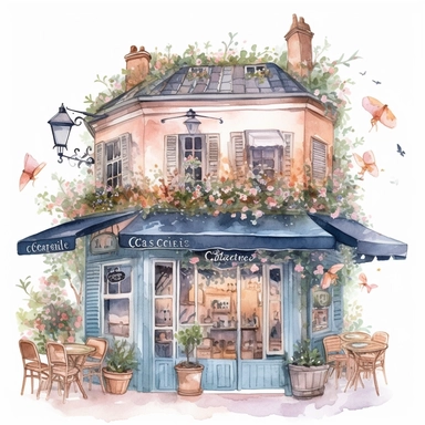 commercial illumination of watercolor clipart of magical cute realistic french cafe small and vivid pastel colors,ultra realisitc with flowers and butterflies, starry night, high quality watercolor style clipart, intricate design, clipart witchcore dreamcore cottagecore white background no text, isolated on white, ghibli style, award winning