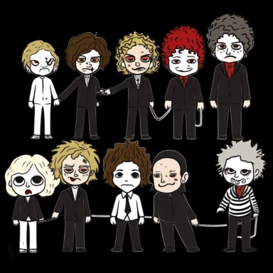 /imaginea set of black line clipart inspired by killer clowns income inequality and The Purge and Lego and Funko Pop toys
