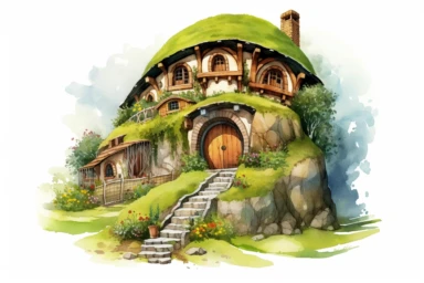 hillside hobbit home, watercolor clipart