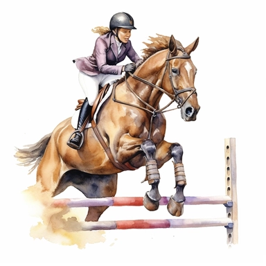 Takes horse jump lessons, highly detailed, watercolor, clipart, illustration, white background, digital painting, paper crafting, no signature, no text