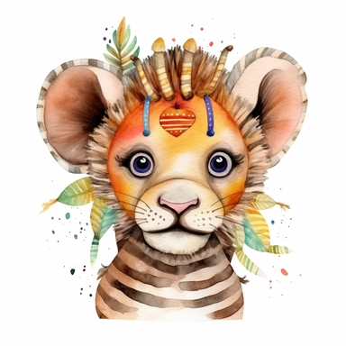 CLIPART, cute, boho, watercolor, isolated, funny babies safari animals illustration