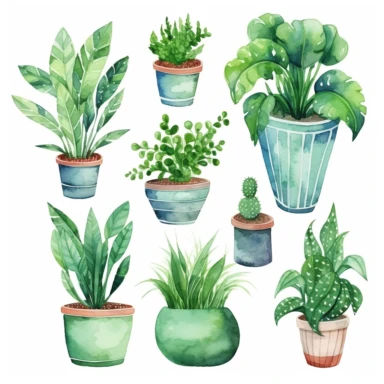 Watercolor House Plants Clipart. Indoor Plants Elements. Monstera, Cactus Illustration. Boho Home Decor Clipart. Home green garden. Plants in pots