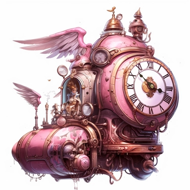 there is a pink steam powered train with a clock on it, akehiko inoue and ross tran, twitter pfp, mechanical cute bird, fantasy ttrpg, heavy PNG steampunk, flying through time, luxury equipment, telegram sticker, imagining a blissful fate, machine elf, 1128x191 resolution, 2045 PNG steampunk fantasy watecolor style white background Clipart