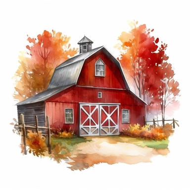 vector watercolor red barn in autumn clipart on white background, red barn in autumn colors, photorealistic, ultrarealisticno background, on whit