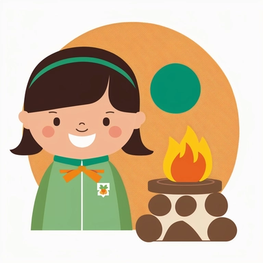 smiling girl scouts clipart with fireplace and girl scout attributes no text minimalistic