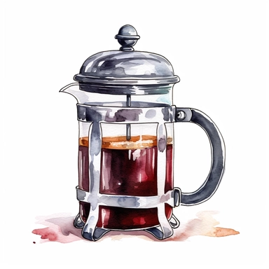 A French coffee press filled with freshly brewed coffee (Watercolor clipart, white background, no text.)