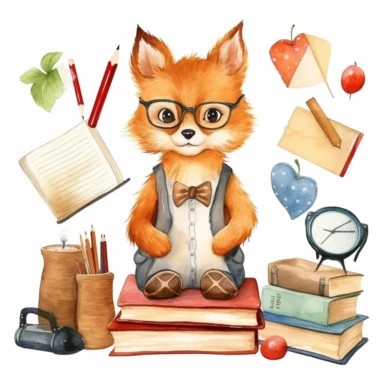 Back to School watercolor clipart, kawaii cute student animals, Fox teacher, animals graphics, School stationery png, School Supplies Clip art , natural color , white background