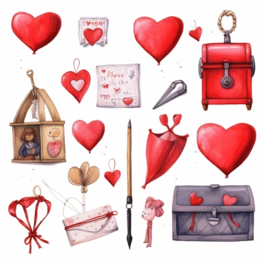 Set of love envelopes (opened and closed), I love you words, blank notebook paper sheet, red heart, cupid arrow. Handdrawn water color painted clip art, Saint Valentine's Day decoration and symbols.
