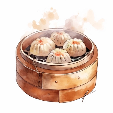 a traditional watercolor clipart image with a white background, showcasing a bamboo steamer filled with delicious and steamed pork buns (char siu bao).