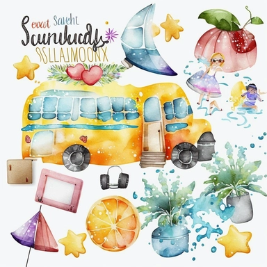 watercolor summer vacation from school clip arts, end of school year clipart, white background, no letters