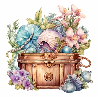clipart, isolated on white background, Watercolor spring ornated treasure chest with jewelry and seashells, detailed, flowers and plants, ornated, pastel colors