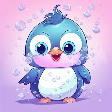 Introducing Bubbles, the bubbly little penguin! Bubbles is covered in soft, fluffy white feathers with glittery blue wings and a cute pink beak. She loves to swim and play with her friends, cartoon, clipart