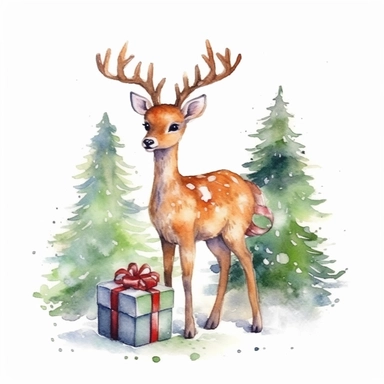 one watercolor christma deer clipart with christmas gifts and a tree on a white background, in the style of amanda clark, glorious, depictions of animals, realistic watercolor paintings , no watermark, text, 300 DPI , typography, shapes do not stick together, no text in the picture, on a white background