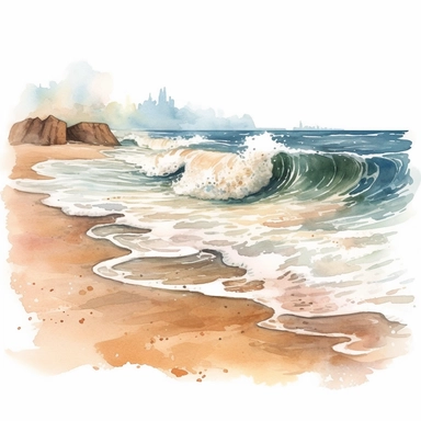 Sandy beach with waves, clipart, watercolor, white background