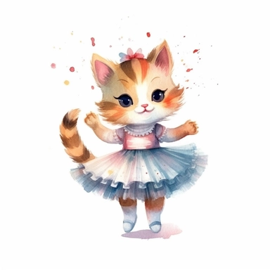 children book illustration. cartoon cute baby cat in tutus. Watercolor clipart. Pixar animation