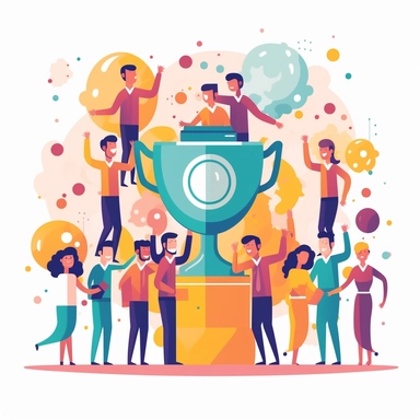 a colorful clipart-style icon with white background and some kind of shape in the background that makes the rest of it stand out that shows a diverse team of office workers supporting and congratulating and cheering for one man holding a trophy up happily
