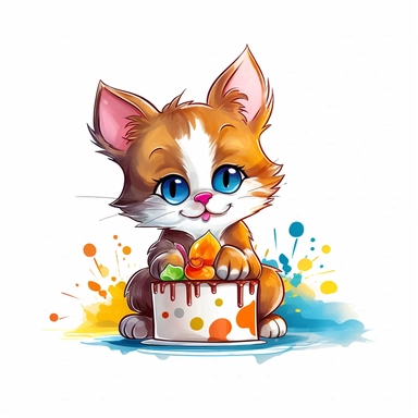 Clipart of a cute cat eating a cake full multicolor white background