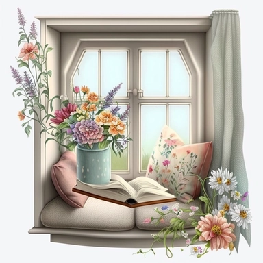 Bookworm cozy reading corner, flowers, window, pastel color, clipart