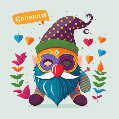 Carnival gnome with mask, Iris and heart，Purim holiday cute carnival costume masks and elements set. Childish print for greeting cards, posters, invitations and stickers. Need to have Mardi Gras in English Collection Mardi Gras, mask with feathers, beads, joker, fleur de lis, comedy and tragedy, party decorations. Vector illustration, clip art， Purim holiday cute carnival costume masks and elements set. Childish print for greeting cards, posters, invitations and stickers. Collection Mardi Gras, 