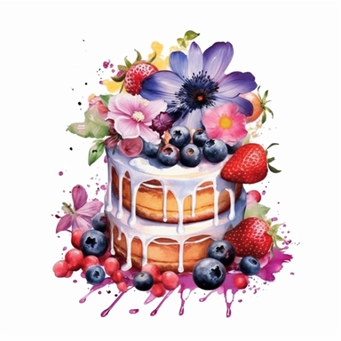 clipart, isolated on white background, Watercolor cake with flowers and berries, white colored, ornated, vivid and vibrant and saturated colors