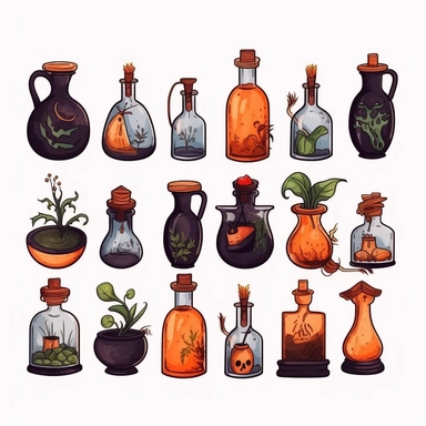 Witches inventory, flasks, illustrated clipart, minimalist, isolated white background, 8k