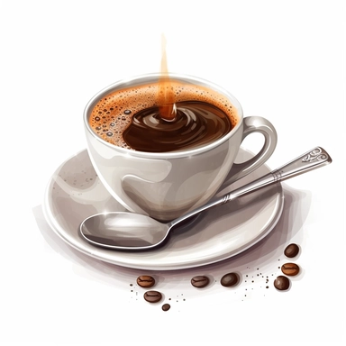 illustration of a cup of coffee, crisp, add embeliishments like tables spoons steam, beautiful, artistic, coffee, clipart, isolated on white background