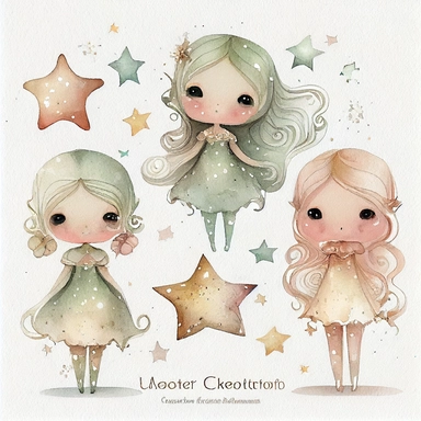 A watercolor painting of star collection, christmas, cute detailed digital art, inspired by nicoletta ceccoli, by Kubisi art, whimsical and cute, by nicoletta ceccoli, cute detailed artwork, glimmering, adorable and whimsical, whimsical art, Clipart style, png style, svg style, blank white background, a solid white background