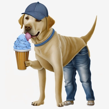 dog holding ice cream cone wearing ball cap, wearing blue jean pants clipart