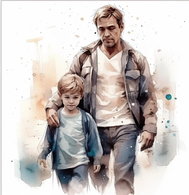 DESIGN A MAGNIFICENT AND EXQUISITE BREATHTAKING ONE-OF-A-KIND HIGH QUALITY HIGHLY DETAILED MASTERPIECE WATERCOLOR CLIPART ILLUSTRATION OF A boy carrying a father with watercolor and blot, in the style of zbrush, movie poster, celebrity-portraits, animated gifs, photo-realistic drawings, nonrepresentational, depictions of urban life, ULTRA REALISTIC, WHITE BACKGROUND, NO FONT, NO TEXT, NO WORDS, NO WATERMARK